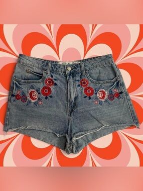 Denim Embroidered Floral Women’s Shorts - Red Floral